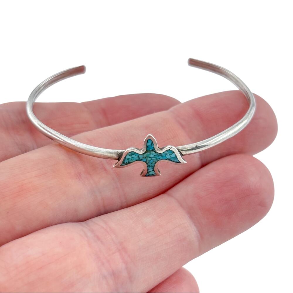 Vintage Southwestern Sterling Silver Turquoise Bird Cuff Bracelet 6"